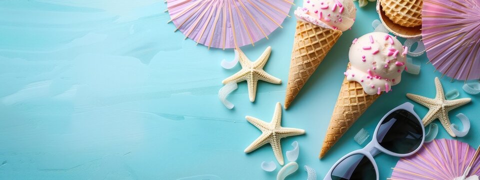 Chill and Indulge: Flat-Laid Ice Cream and Summer Accessories on Blue