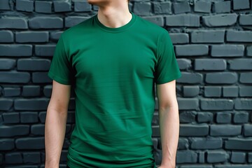 Canvas Print - Green t-shirt mockup at black brick wallpaper background.