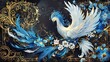 © Kittipong - Breathtaking composition featuring a white phoenix with luminous blue feathers, carrying a bouquet of flowers amidst golden decorative borders and swirling patterns
