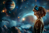 Fototapeta  - Child boy wearing virtual reality headset and looking solar system with sun and planets. Technology concept.