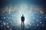 Fototapeta  - Businessman standing on future network, Business technology concept.