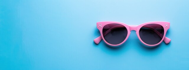 Poster - Beachside Chic: Flat-Laid Sunglasses as Blue Background Summer Accessories