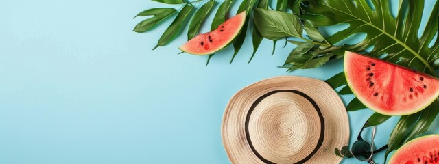 Poster - Vacation Essentials: Flat-Laid Watermelon as Fun Summer Accessories on a Blue Background