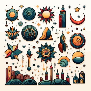 various islamic icons on a white background
