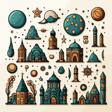 various islamic icons on a white background
