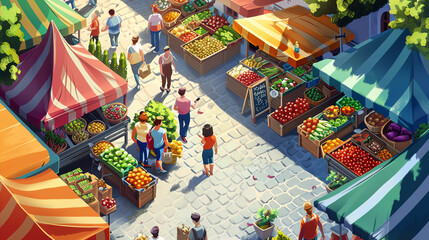 Vibrant outdoor market with people shopping for fresh fruits and vegetables, colorful stalls, and a lively atmosphere.