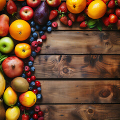 Wall Mural - Various fruits on wood table with flat lay angle view and copy space 