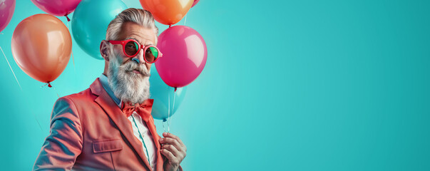 Stylish hipster gentleman with beard and pink glasses, holding colorful balloons against a vibrant teal blue background. Whimsical and playful birthday or Father's day card or fun party invitation