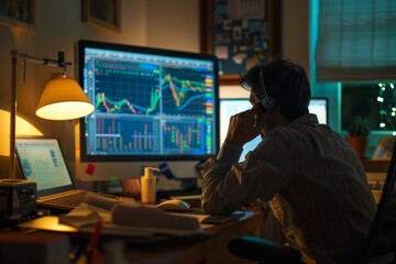 Wall Mural - A stock broker studying financial reports and market trends late into the night at their home office, Generative AI