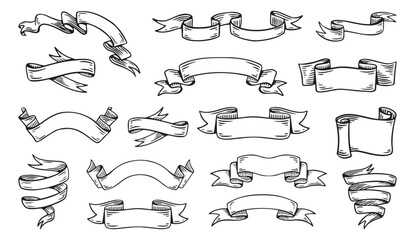 hand drawn ribbons vintage set. doodle style black color sketch. isolated elements.