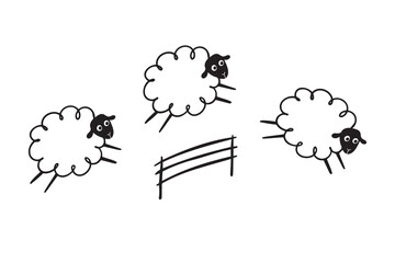 Doodle line cute sheep jumping over fence. Good night sleep poster. Counting sheep to fall asleep. 