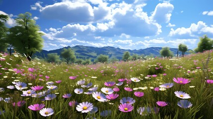 Beautiful meadow field full of flowers of different colors in full bloom. Generative AI