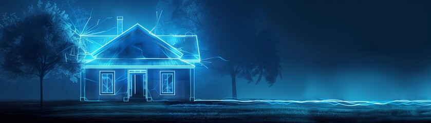 An illustrated scene of a house outlined with bright blue neon light against a dark background The handdrawn elements and vibrant glow emphasize the artistic interpretation of a mo