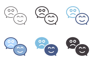 Sad and happy face speech bubbles icons. Feedback smiling and sadness positive and negative message. Vector graphic element symbols