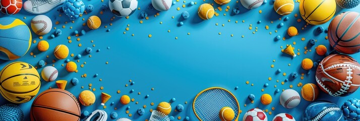 Sticker - A banner featuring sports equipment like basketball, football ball and baseball bat, tennis racket with badminton shuttlecocks, on solid blue background .