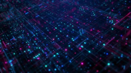 Poster - Digital grid with glowing data points, Abstract digital grid featuring glowing blue and pink data points, representing advanced technology and network connections. Technology data network background.