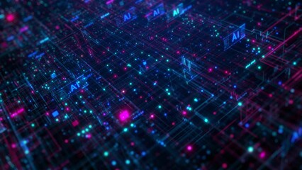Poster - Abstract AI Digital Network Visualization, Abstract visualization of an AI driven digital network with glowing blue and pink connections, representing advanced technology.