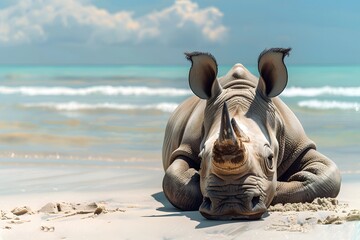 Wall Mural - a rhino is on the beach