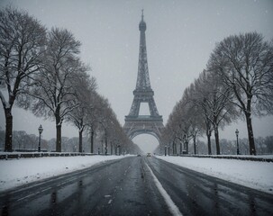 Wall Mural - The Eiffel Tower statue on a snowfall night background in the car and cupcake in Eifel tower