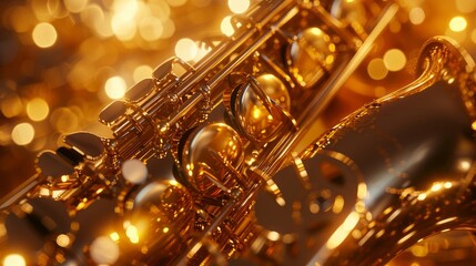 Close-up of a saxophone bathed in golden stage lights