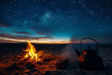 A black kettle sits on a beach next to a fire