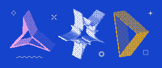 Poster - Bitmap textured shape set. Dither halftone objects collection. Colorful 3d star and triangle elements for banner, poster, leaflet. Abstract pixelated raster effect bundle. Vector pack