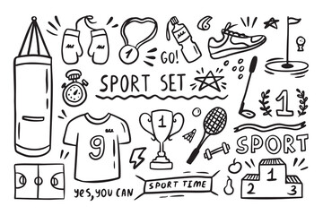 Wall Mural - Sport elements doodle. Funny hand drawn Cute cartoon black and white collection.