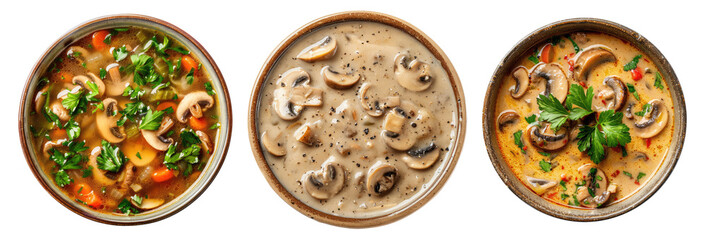 Three bowls with mushroom soup isolated on transparent background