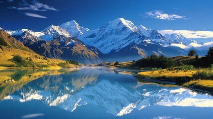 Canvas Print - A beautiful landscape image of a lake and snow-capped mountains in the distance.