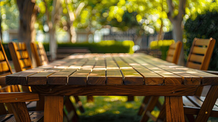 Poster - Wooden table with a group of chairs around it ready for a gathering