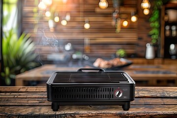 Wall Mural - Small electric grill atop a rustic wooden table with a blurred background