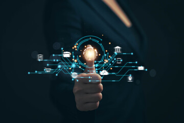 Poster - Businessman scanning fingerprint on virtual screen to unlock personal data and financial transactions. Online banking. Transaction security concept...