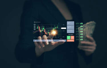 Poster - Businessman is holding money and selecting stocks. Investment concept. Stock trading. Stock trading. Investment planning. Stock market risk.