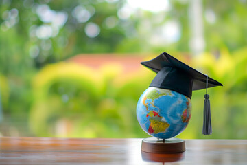 Graduation cap on a globe on a wooden table against a blurred garden background, Concept of global education and academic achievements, international studies and worldwide learning opportunities.