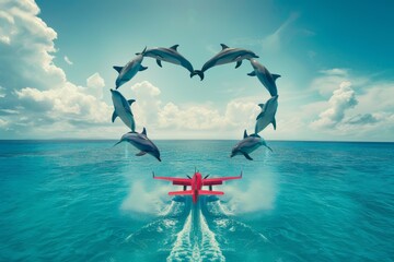 A dolphin is playing and jumping in the sea, so it causes a heart shape with water drop effects from the enjoyable jumping of the dolphin.