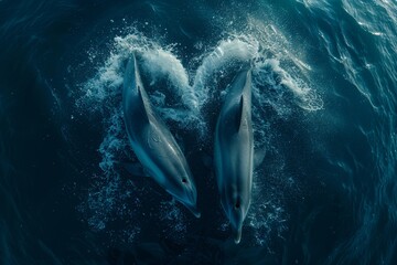 Wall Mural - A dolphin is playing and jumping in the sea, so it causes a heart shape with water drop effects from the enjoyable jumping of the dolphin.