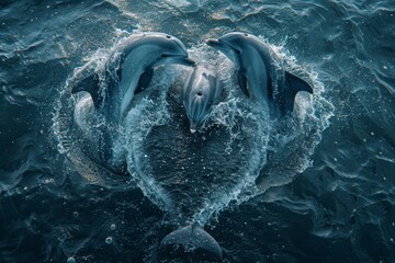 Wall Mural - A dolphin is playing and jumping in the sea, so it causes a heart shape with water drop effects from the enjoyable jumping of the dolphin.