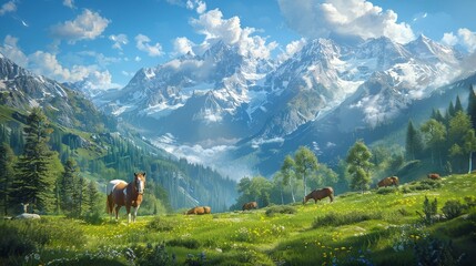 Alpine vista features a stoic horse amidst grazing cattle