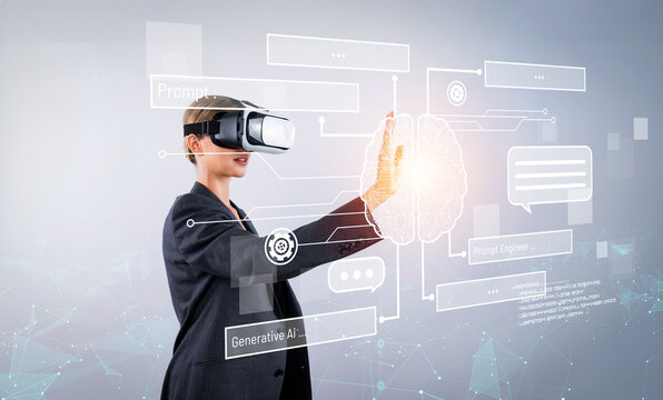 Manager using Ai generate and connect with global communication. Skilled businesswoman touching while wearing VR headset or visual reality goggles while standing with holographic icon. Contraption.
