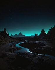 Wall Mural - Neon Silhouette of an Otherworldly Landscape