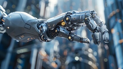 Futuristic innovation of technology humanlike cyborg hand, abstract 3d render design landscape, trendy sleek modern robotic limb with human anatomy illuminate LED light, future cityscape background.