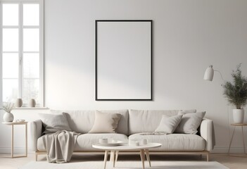 Photorealistic Frame Mockup ISO A paper size frame with a living room wall poster in a modern, white-walled interior design. 3D rendering