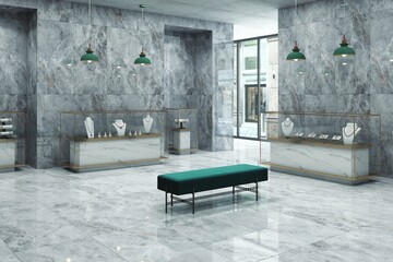 Luxury jewellery store interior with grey marble on floor and walls, beautiful statement pieces show cased, hanging lamps, green sofa, window to a city view. 3D Rendering