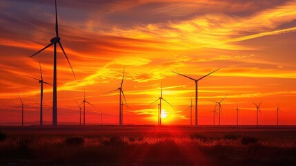 Wind turbines standing tall against a dramatic sunset, symbolizing the shift towards renewable energy.