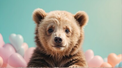 Wall Mural - cute baby bear on bright pastel color background from Generative AI