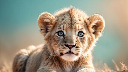 Wall Mural - cute baby lion on bright pastel color background from Generative AI