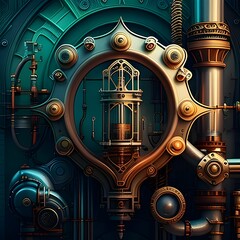 Wall Mural - Intricate Mechanical Network System with Gears Pipes and Flowing Data Streams in Vivid Steampunk Aesthetic