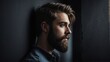 © Arceli - young bearded man peeking on a wall on plain black background from Generative AI
