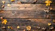 © kwledge - A rustic wooden table with scattered autumn leaves, perfect for seasonal promotions
