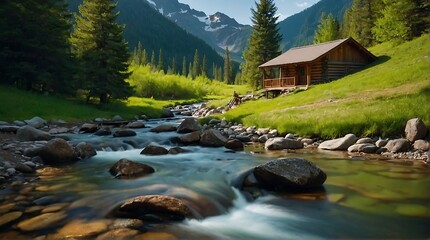 Wall Mural - Small cabin in a valley with a river and mountains.